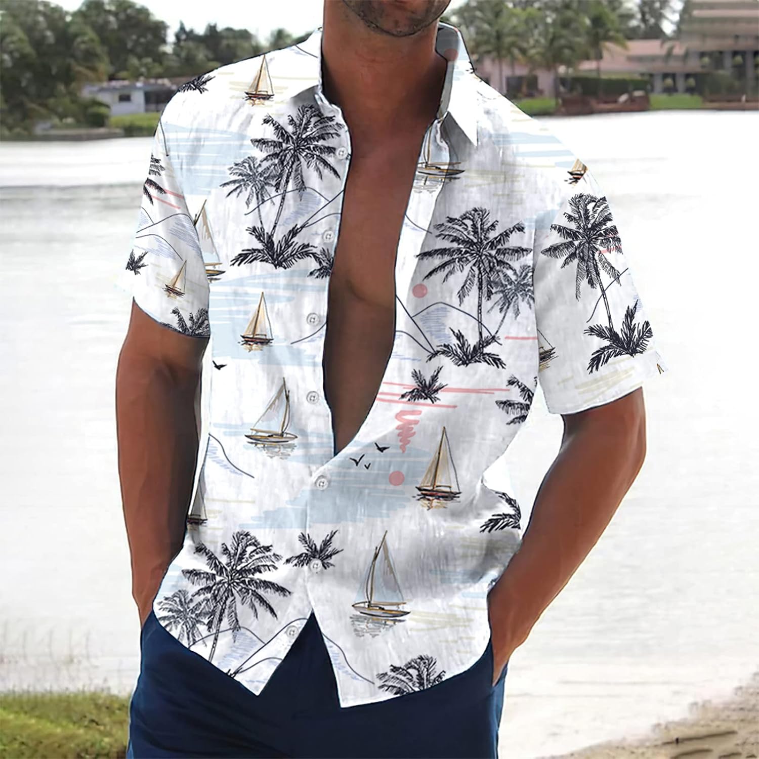 Ymosrh Men's Shirts Shirt for Men, Vintage Button Down Bowling Shirts Short Sleeve Summer Beach Shirt Shirts, M-4XL
