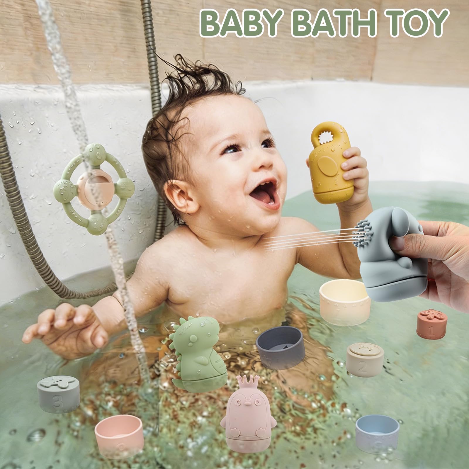 Giocattoli da Bagnetto per Bambini, Giochi Bagnetto Neonato in Silicone con Volante Giocattolo, Tazza Impilabili e Giocattoli Animali, Senza Bisfenolo A, Giocattolo a Acqua per Bagno Piscina Spiaggia