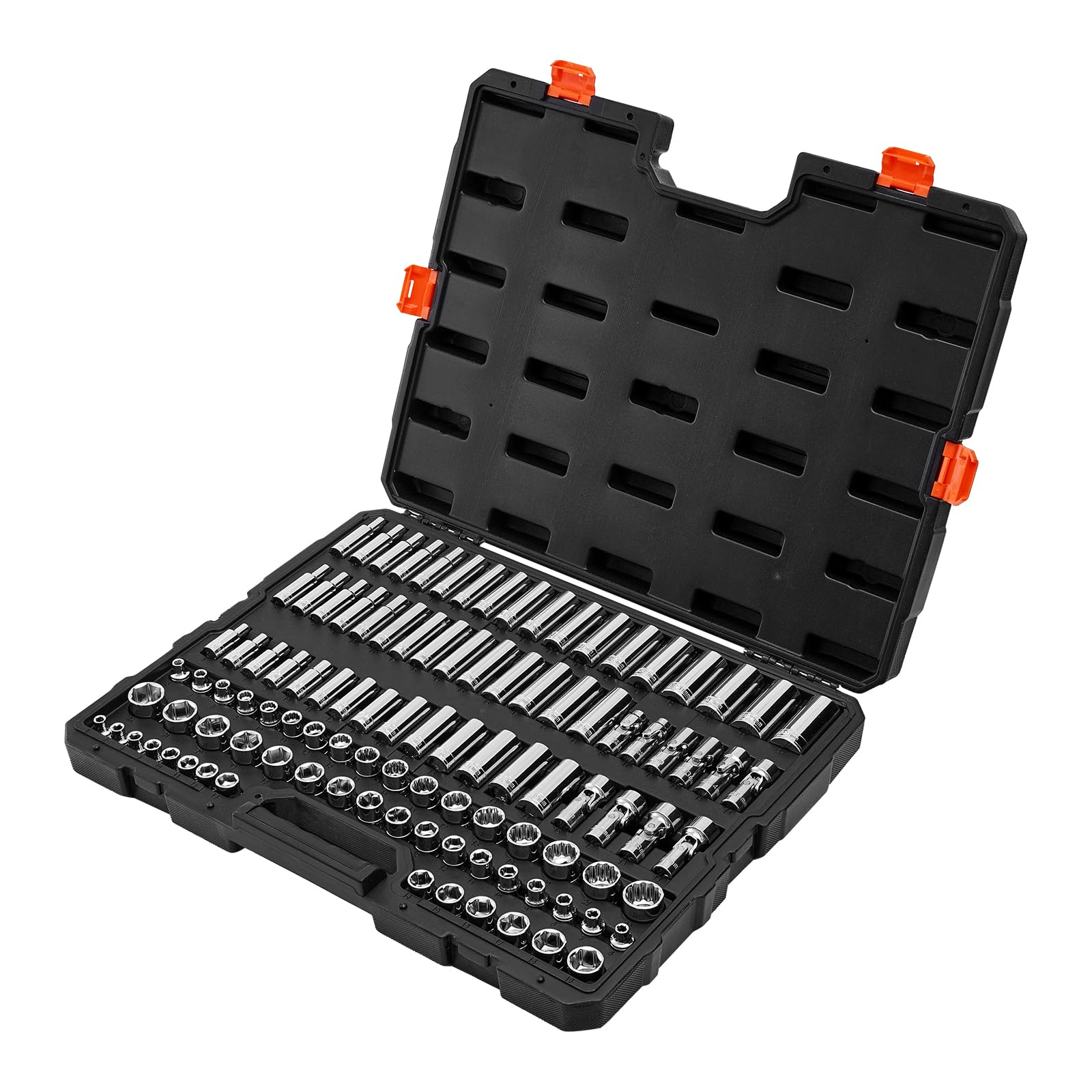 VEVOR Zestaw nasadek, 104-częściowy, 9,5 mm, rozmiar metryczny od 6 do 24 mm, głęboki i standardowy, zestaw narzędzi mechanicznych z walizką do przechowywania, chromowana stal stopowa CR-V, do naprawy