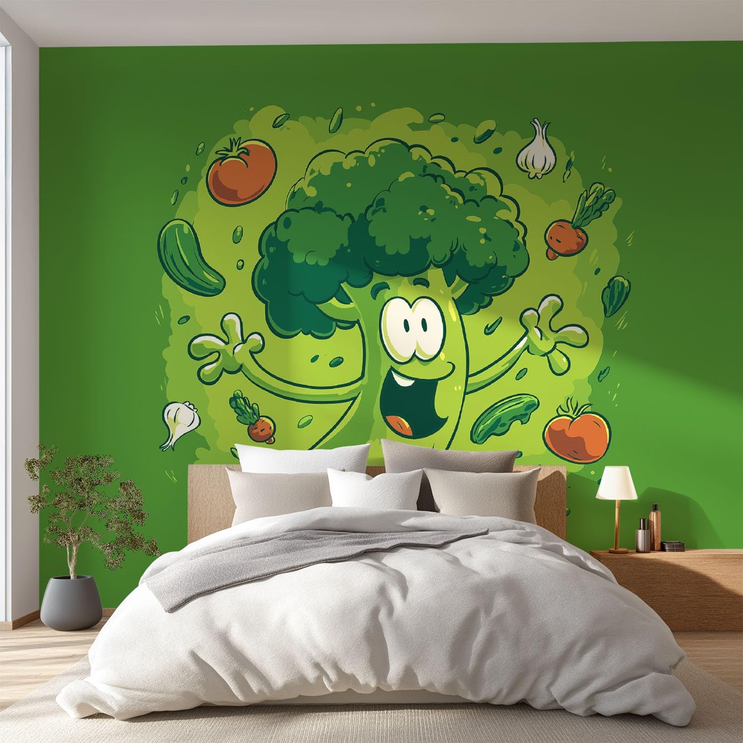 Wanddekoration Fototapete 350 x 256 cm, kindlich Cartoon lebhaft Brokkoli Gemüse Spiele, Wandtapete grün für Kinderzimmer Essbereich Küche, Vliestapete Wandbild als Wanddeko