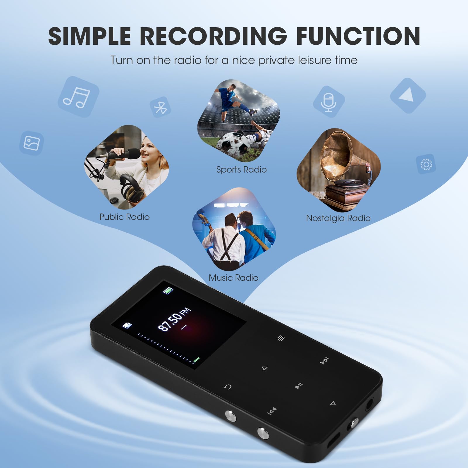 Lecteur MP3 de 64 Go avec Bluetooth 5.0, Lecteur MP3 Enfant Haut-Parleur HD, Enregistreur Vocal, Fonction Réveil, Livre électronique, Extensible à 128 Go, écouteurs Inclus