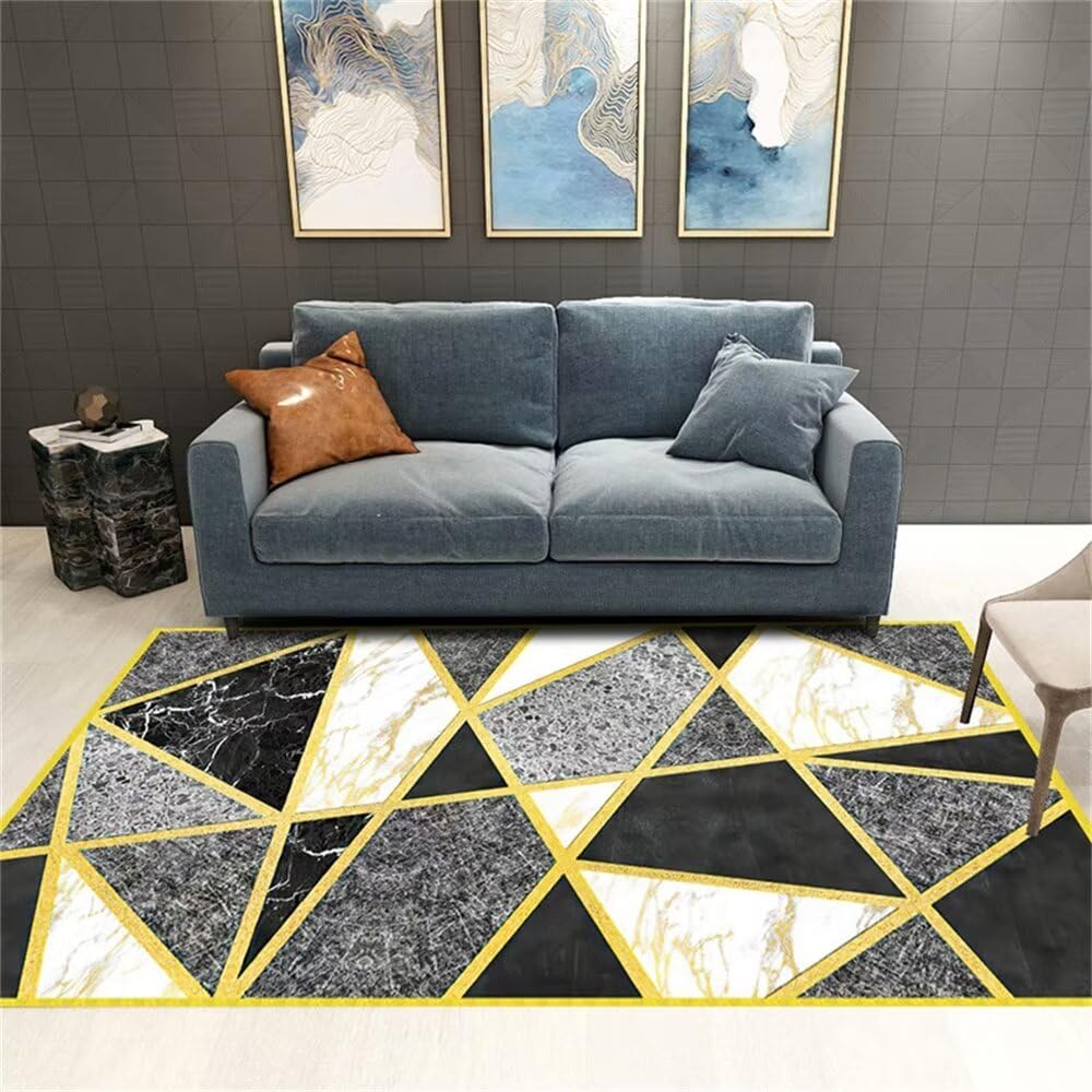 Tapis de salon géométrique moderne jaune et gris pour dynamiser l'entrée