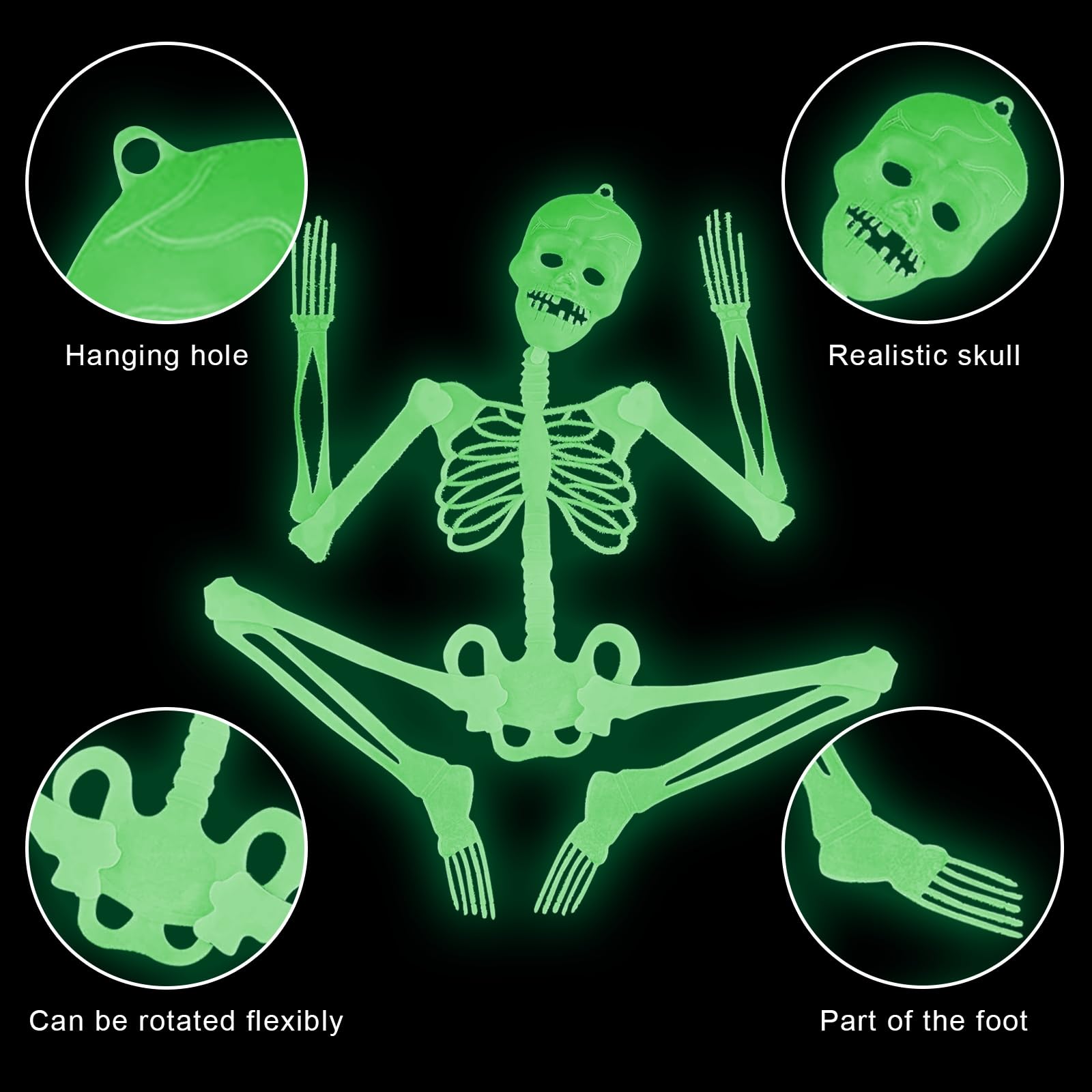 Set 3 Scheletri Luminosi Per Halloween – Fluorescenti, Altezze 90/30/20 Cm, PVC, Decorazioni Spaventose Per Giardino E Feste