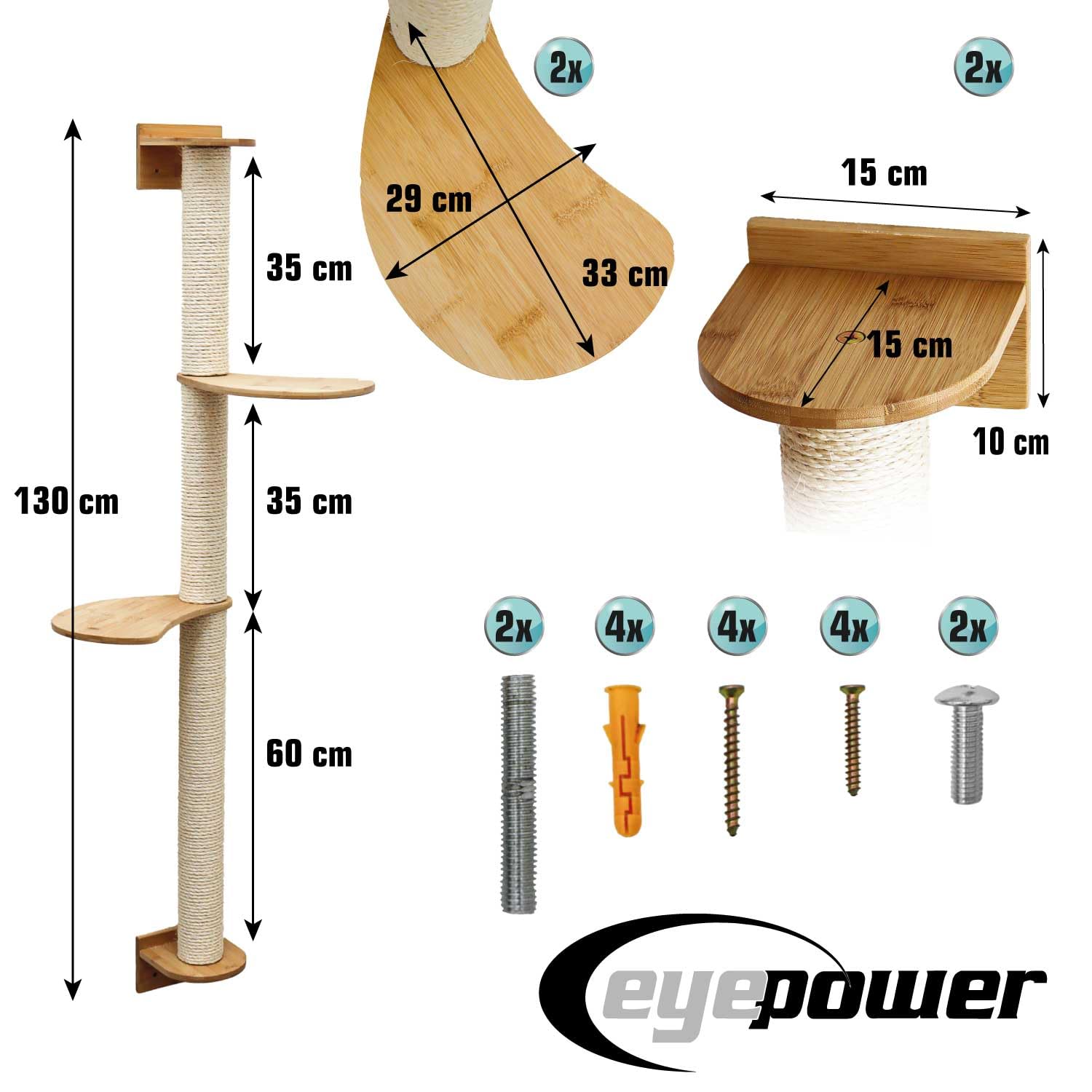 eyepower 130 cm Rascador de Pared Luna con 2 Plataformas de Bambú - Árbol para Gatos con Estanteria - Columna de Sisal Natural - Recorrido de Estantes - Torre Gato Estable - Poste Alto Fijación Mural
