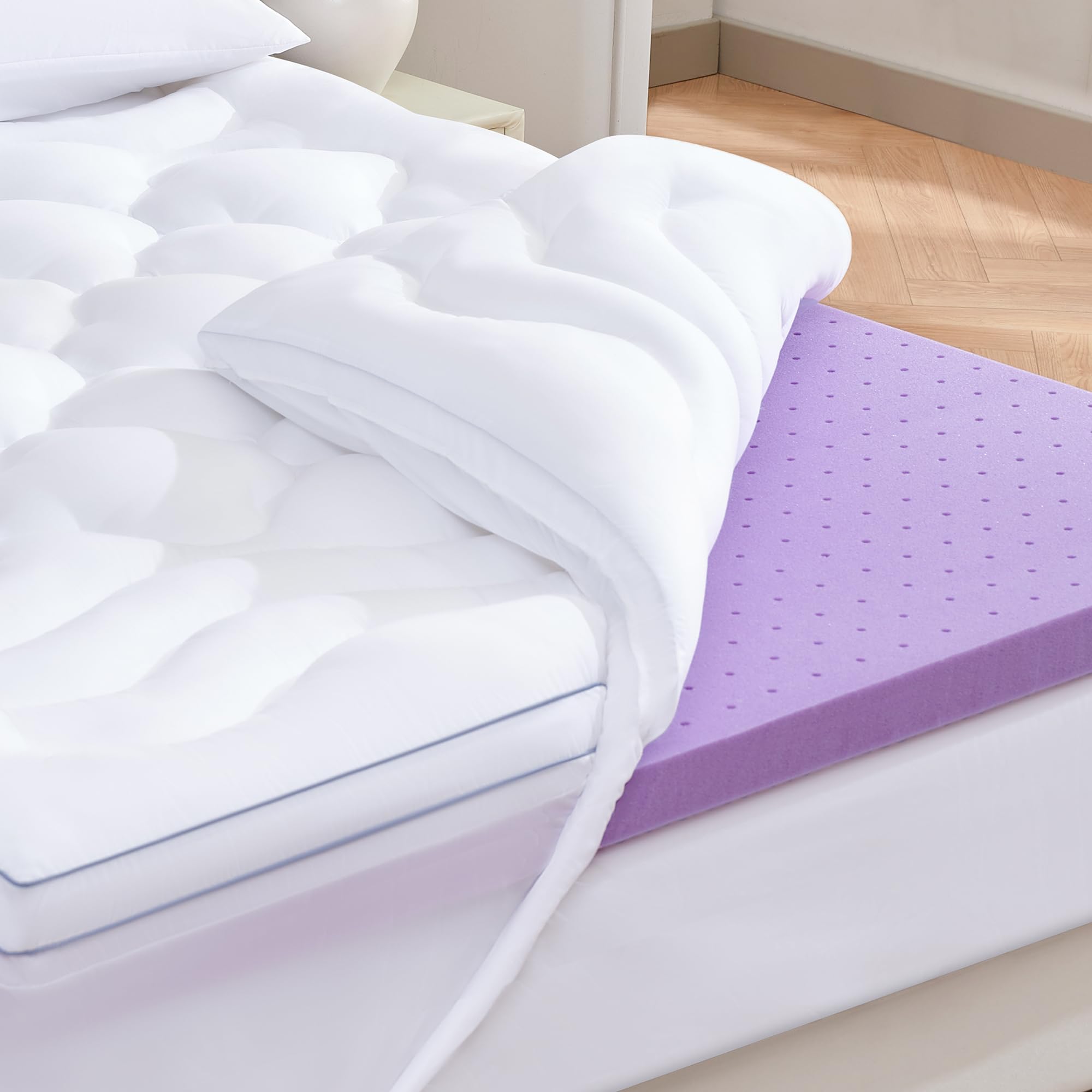 BDEUS Twin 2 Inch Cooling Gel Memory Foam Plus 2 Inch Extra Thick 1450GSM Mattress Topper with Bedside Pocket, 21" Deep Pocket for Back Pain Relief, White