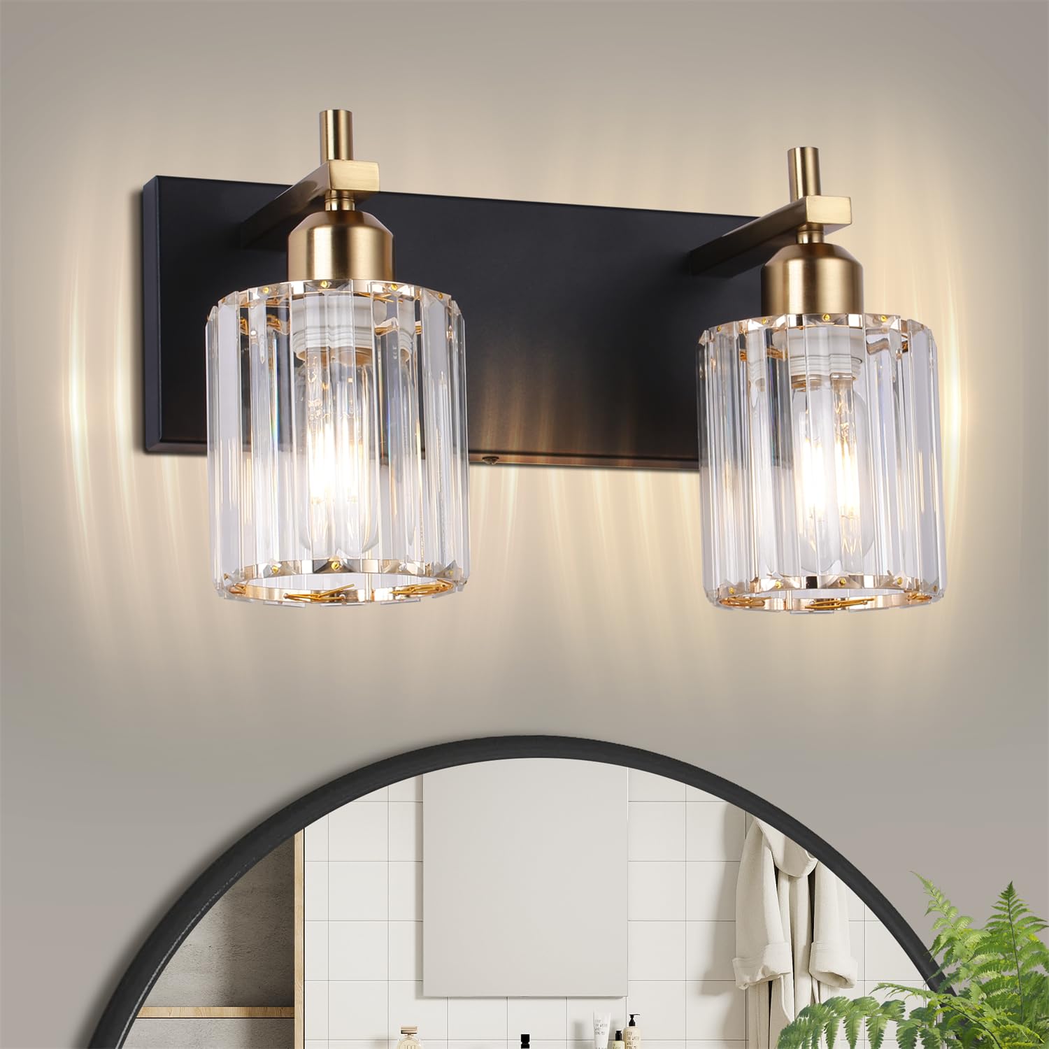 Black and Gold Bathroom Vanity Lights, 2-Light Crystal Bathroom Light Fixtures Over Mirror, 14 Inch Modern Farmhouse Vanity Light, Brass Gold Wall Sconces for Bath Mirror Kitchen Hallway Cabinet