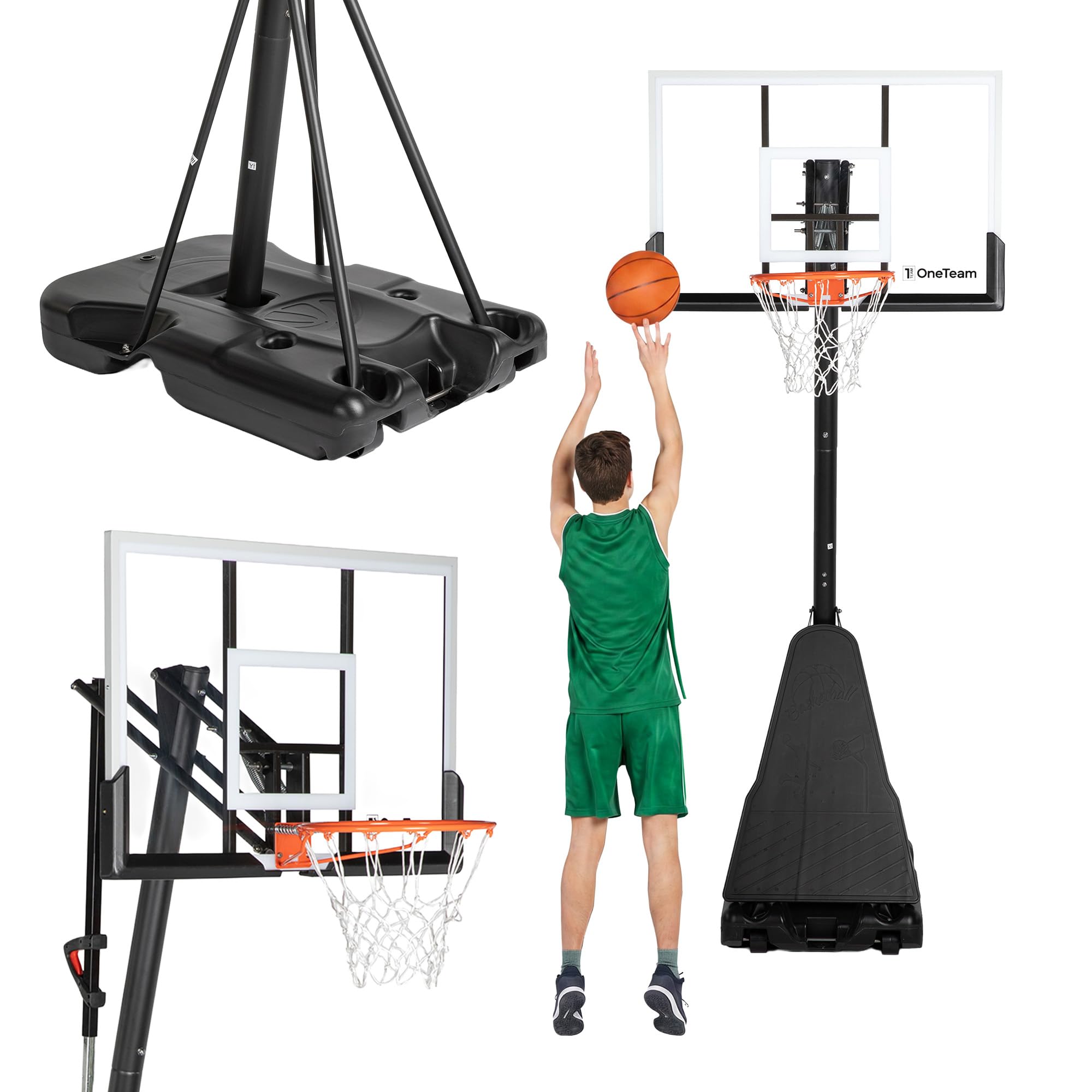 OneTeam Balón de Baloncesto BH04, Negro, Ajustable, Independiente, con Ruedas de Transporte, Material PC Duradero, Base Estable con 140 L de Capacidad con Tabla y Rejilla