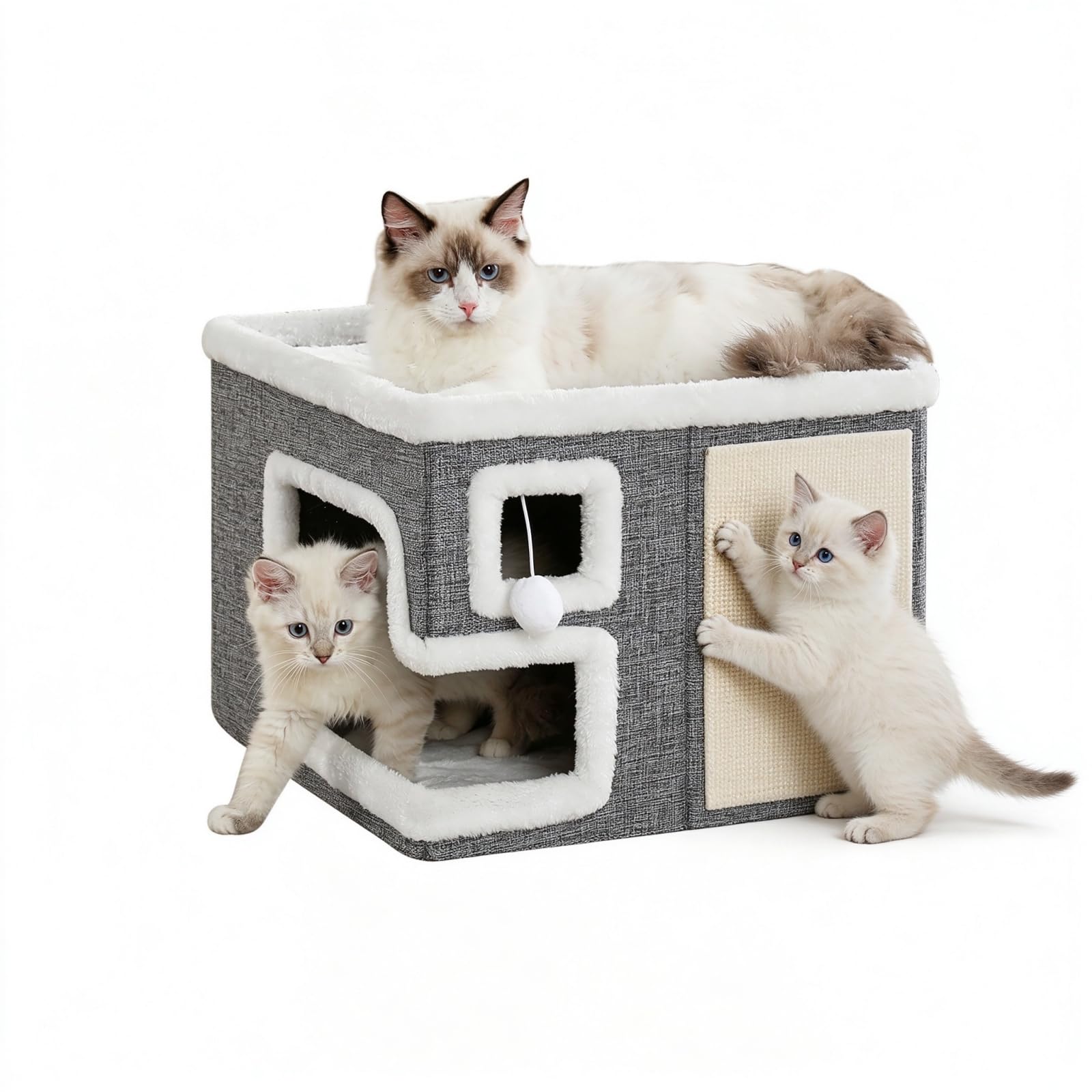 Cat Houses for Indoor Cats, Covered Cave Bed with Scratch Pad and Fluffy Ball, Foldable Cat Hideaway Condo for Large Cats, Modern Kitten Bed,16.5x16.5x13 inches (Grey, Large)