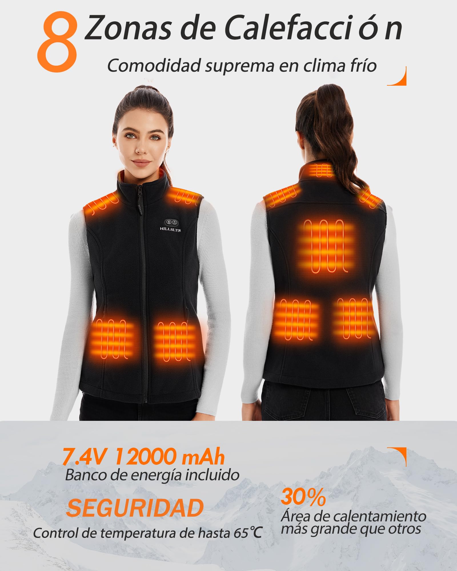 Chaleco Calefactable de Forro Polar para Mujer con Batería 7.4V 12000mAh, 8 Zonas de Calefacción, Chaleco Calefactable con 3 Niveles de Temperatura, Chaleco Calefactable para Esquí/Ciclismo