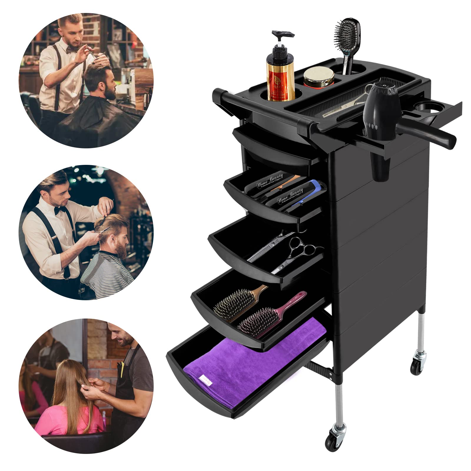 Chariot de coiffeur 6 étages 5 tiroirs 4 roues pour salon de beauté