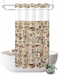No Hook Shower Curtain, Mushroom Shower Curtains for Bathroom with See Through Top Window, Pastoral Summer Botanical Watercolor Rustic Waterproof & Washable Bath Curtain Stand Up Stall 36"x72"