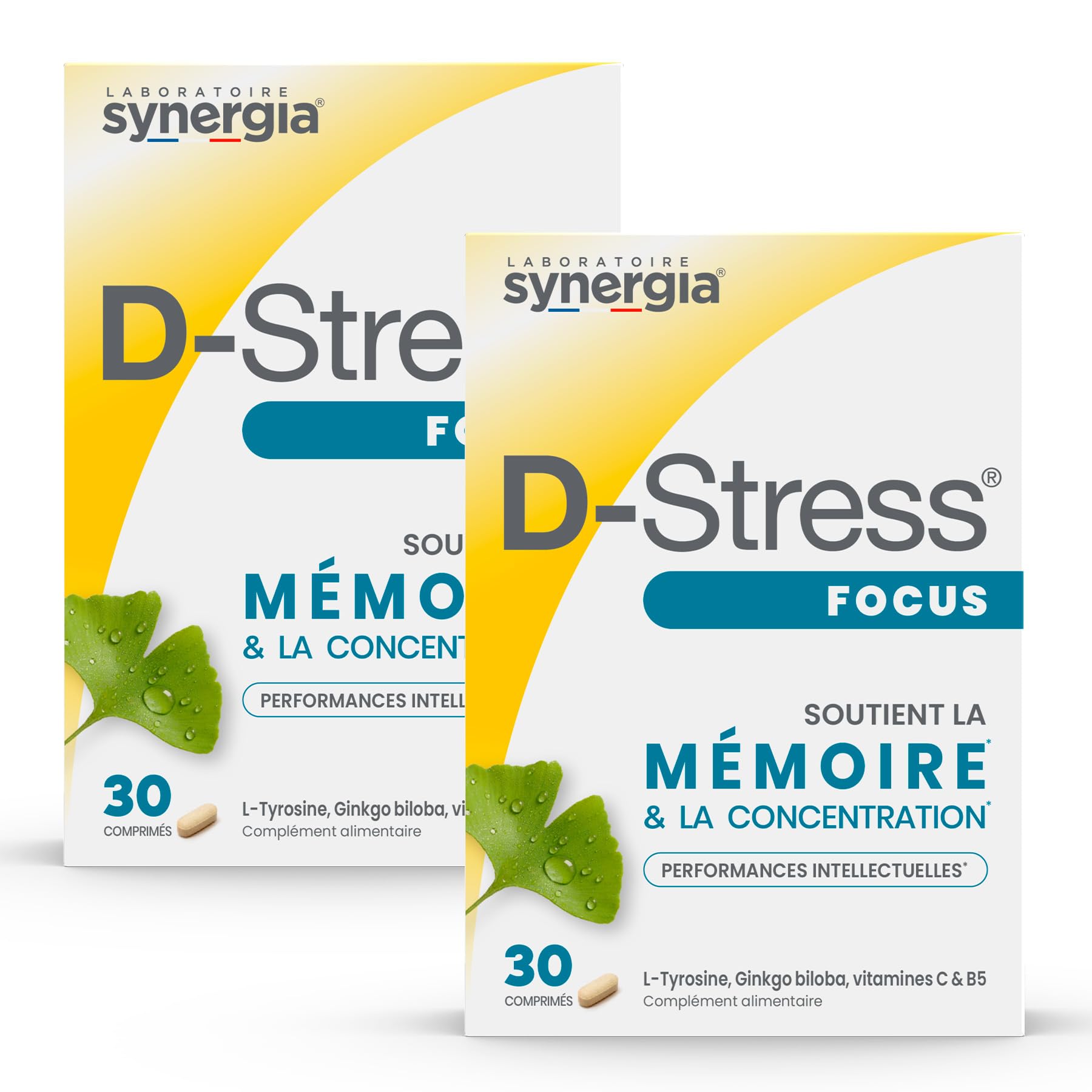 D-STRESS FOCUS Lot de 2X30 Comprimés | L-Tyrosine, Ginkgo biloba et Vitamine C | Stimule la mémoire et la concentration | Vegan, Sans Gluten, Sans Soja, Sans OGM | Origine France