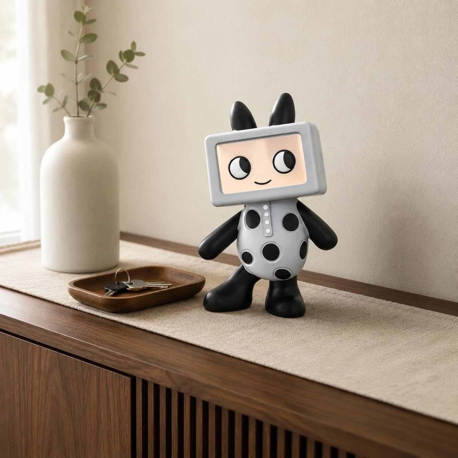 Figurina Televisiva Stile Cartoon Statuetta in Resina Puntolini Neri Statua Decorativa da Scrivania per Soggiorno