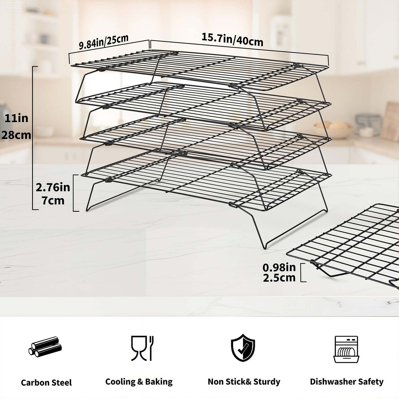 4 Etagen Abkühlgitter - Kuchengitter Zusammenklappbar & Stapelbar (40x25cm) für Kekse, Brot & Kuchen |Abtropfgitter Backzubehör zur Platzsparenden Lagerung