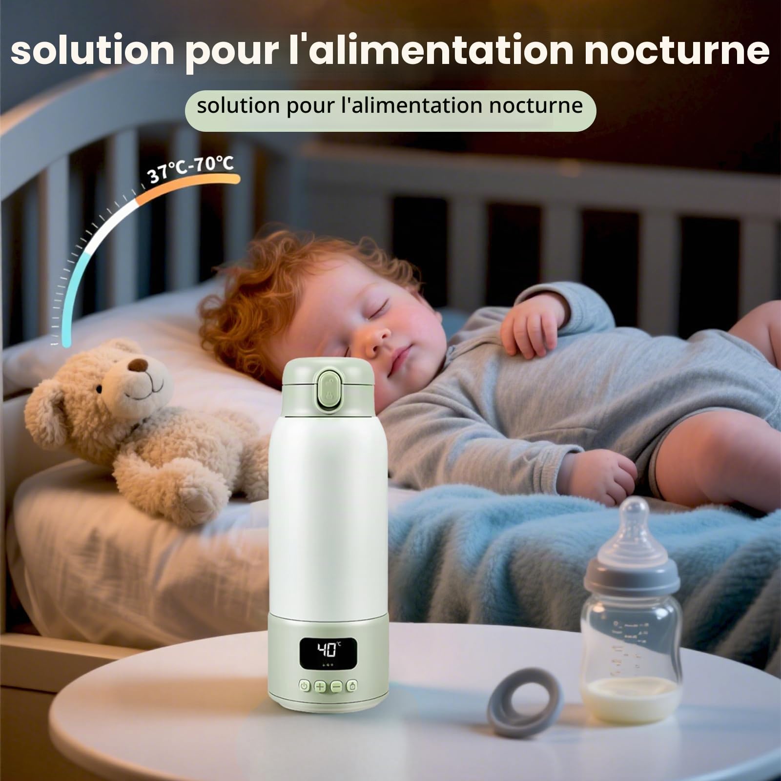 Chauffe Biberon Nomade Capacité 500ml pour Voyage, Chauffe Biberon sans Fil pour Eau ou Lait Maternel, Température Réglable 37 à 70°C Chauffe Lait/Eau Portable, sans BPA