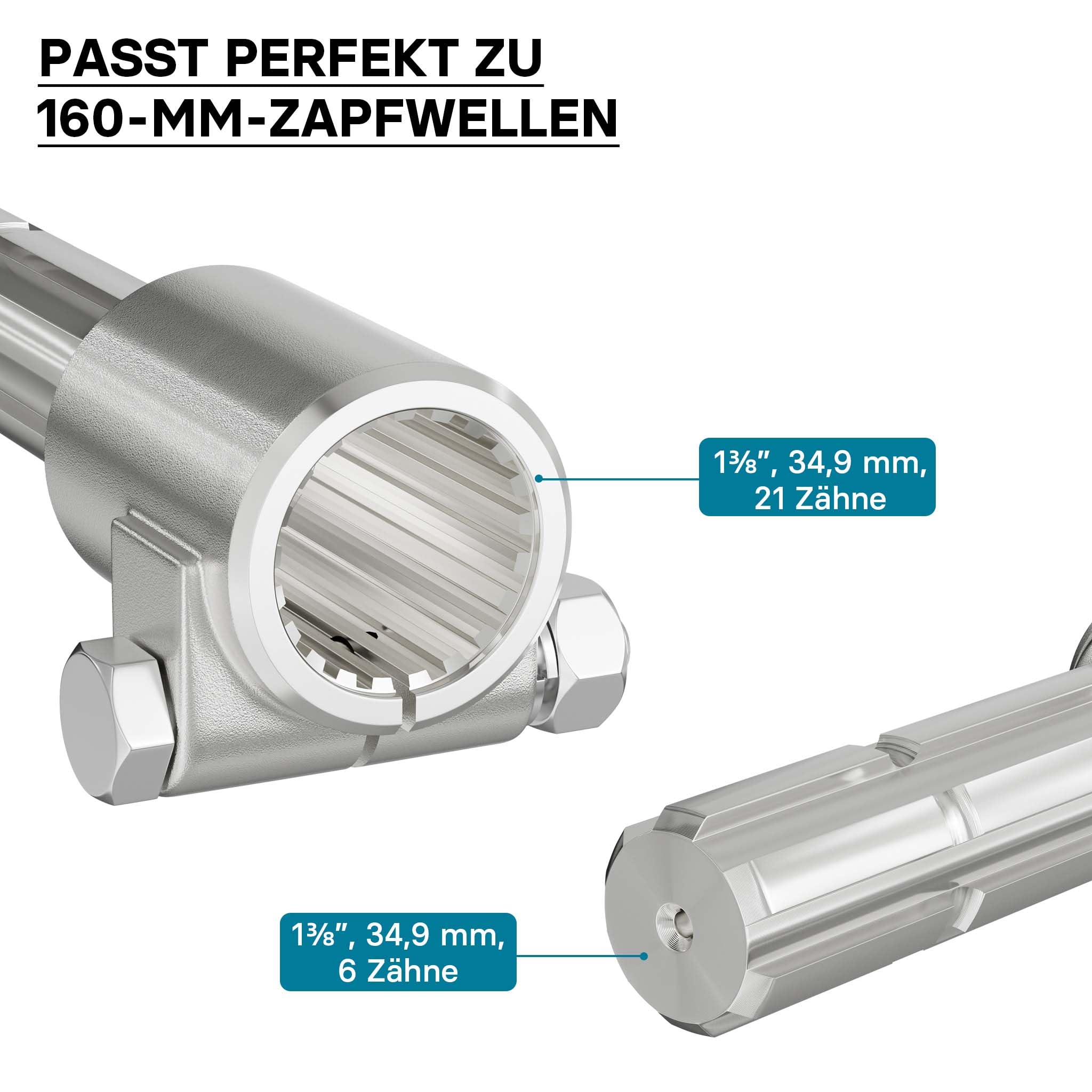 Wiltec Zapfwelle, PTO 160 mm Buchse mit Keilwellenaufnahme 1 3/8" Z21 für Ausgangswelle 1 3/8" Z6 Traktor