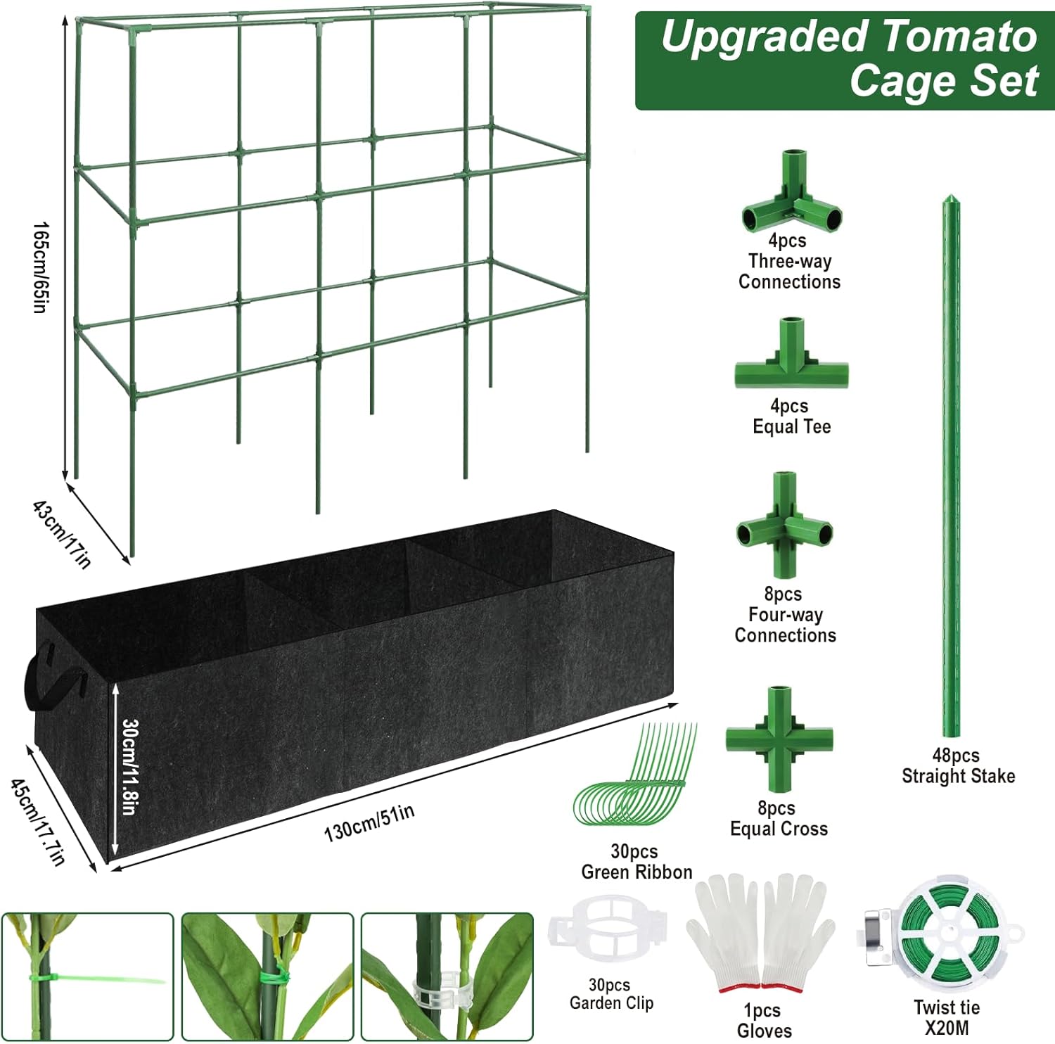 Cucumber Trellis with 46 Gallon Grows Bag, 51x17x65Inch Squar Outdoor Indoor Greenhouse Tomato Cage, Garden Trellis with Plant Support Clips for Climbing Plants Squash, Vegetables, Pumpkin, Pea, Grape
