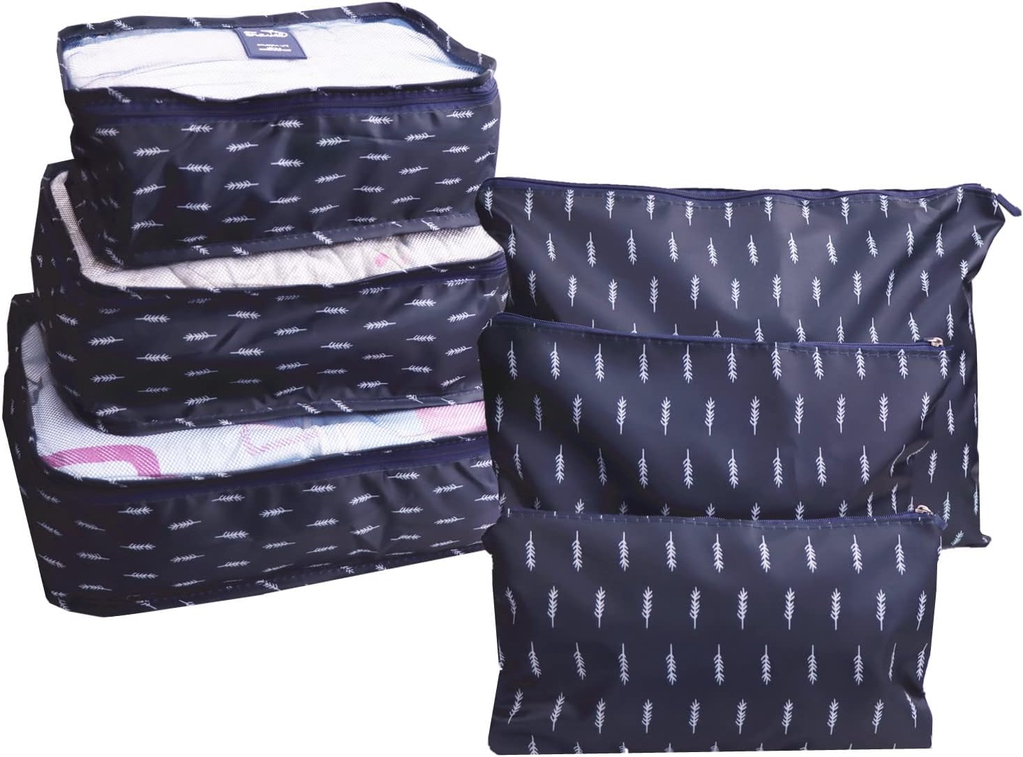 6 PCS Travel Suitcase Organizer Bags, Travel Organizer Packing Cubes Set Laundry Bags, Travel Clothes Storage Bag, Packing Organizer Compression Pouches for Traveller(Navy Blue Feather)