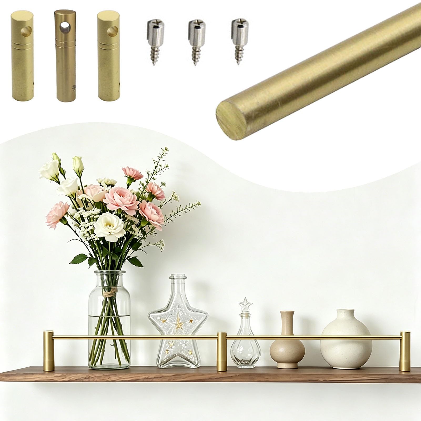 Dailify Brass Shelf Rail with 3 Posts & Screws, Decorative Gold Floating Shelving Guardrail 8 12 16 18 24 30 38 in, Custom Anti-fall Rail Bar for Shelves(Style C,40in/102cm)