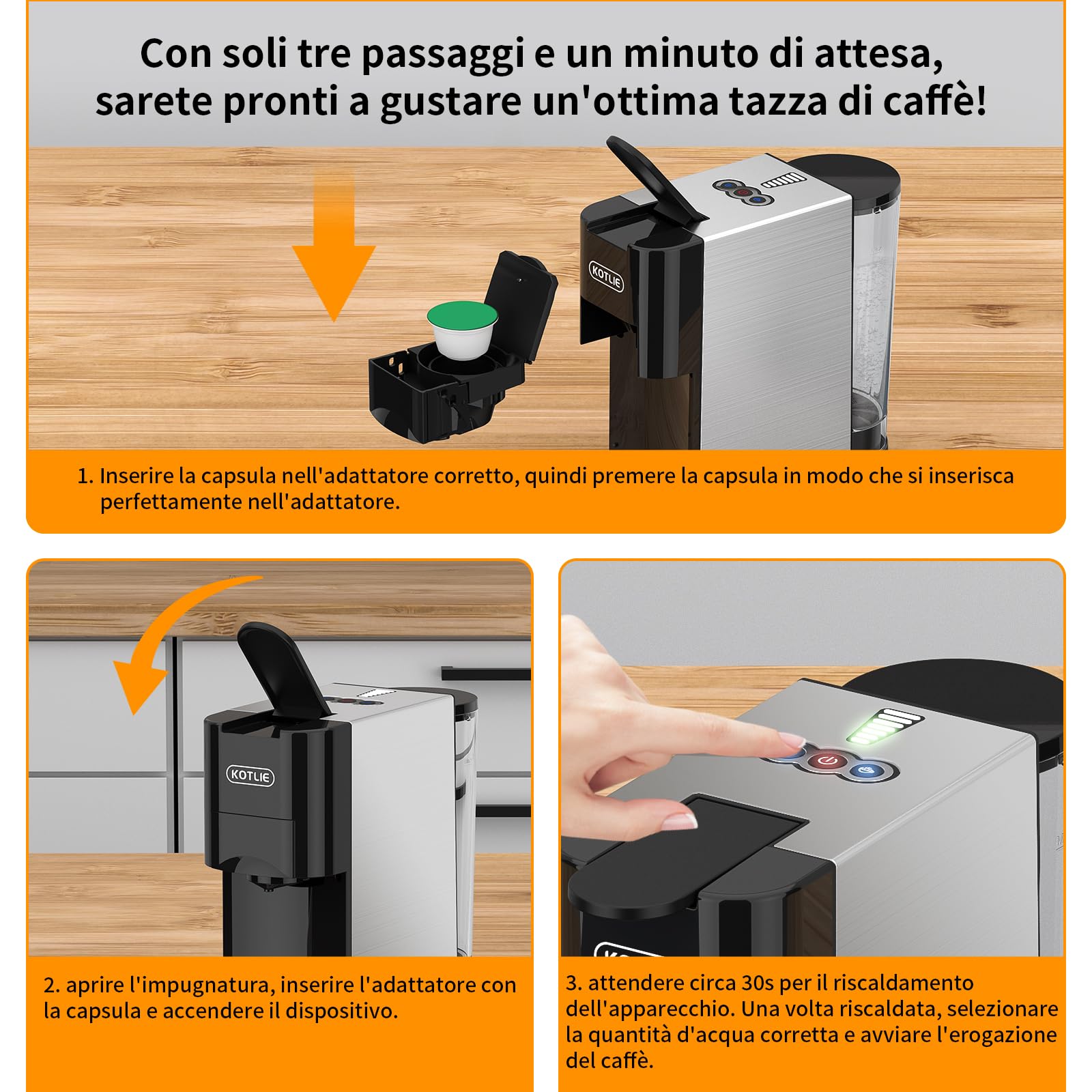 KOTLIE AC-513HF Macchina da caffè multifunzione 5 in 1 per NES/per DG/Caffè in polvere/ESE(44 mm)/per a modo mio, per tazze alte (Nero)