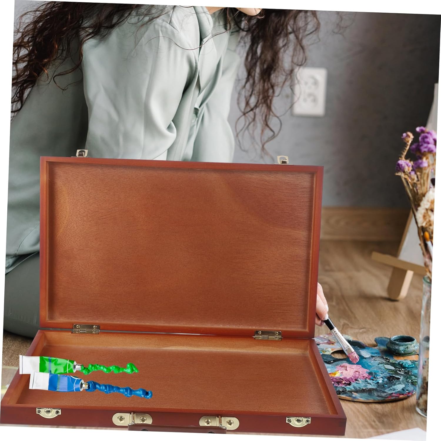 LOLIPPYY Wooden Painting Box for Students Portable Art Supplies Case Compartments Lightweight Mixing Palette for Oil Paints and Drawing Tools