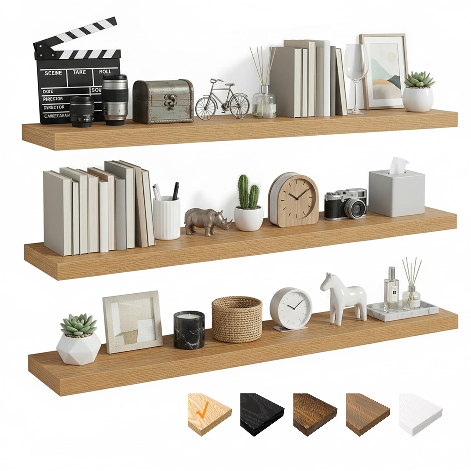RICHER HOUSE Oak Floating Shelves, Long Wall Shelf, 100 x 23.5 x 3.8 cm