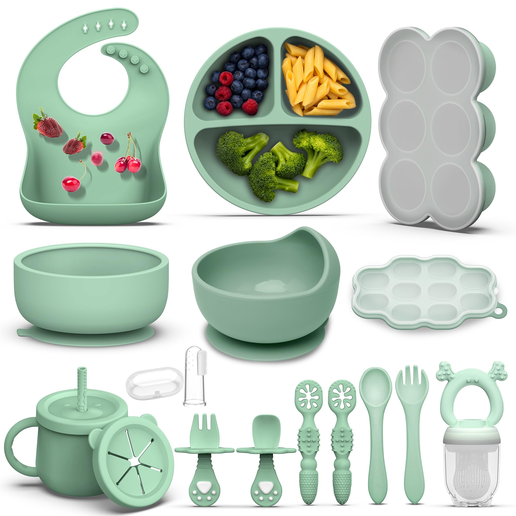 Photo 1 of 16 Pack Silicone Baby Feeding Set, BPA-Free Baby LED Weaning Supplies, Include Suction Plates, Baby Bowls, Silicone Fork & Spoon, First Stage Baby Food Eating Utensils - 6+ Months (Dark Green, 16)