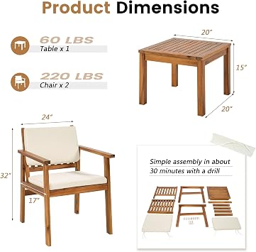 Flamaker Patio Chairs 3 Piece Acacia Wood Patio Furniture with Coffee Table & Cushions Outdoor Conversation Set Balcony Chairs for Porch, Deck, Backyard