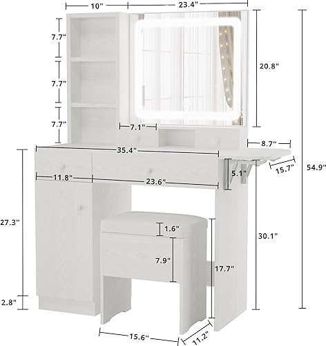 Miniatura 6 de LIKIMIO Escritorio de tocador con cajones, espejo iluminado LED, toma de corriente y gabinete, taburete de almacenamiento, elegante juego de mesa de