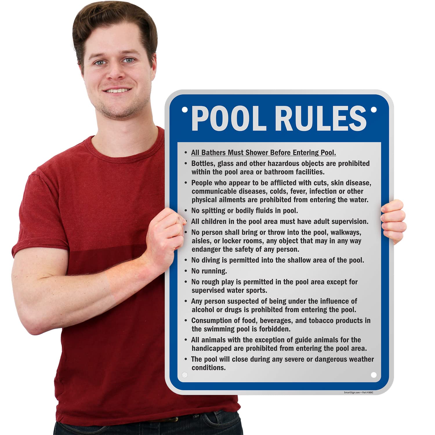 SmartSign 24 x 18 inch “Pool Rules - Must Shower, No Spitting, No Diving, No Running” Metal Sign, 80 mil Laminated Rustproof Aluminum, Blue, Black and White