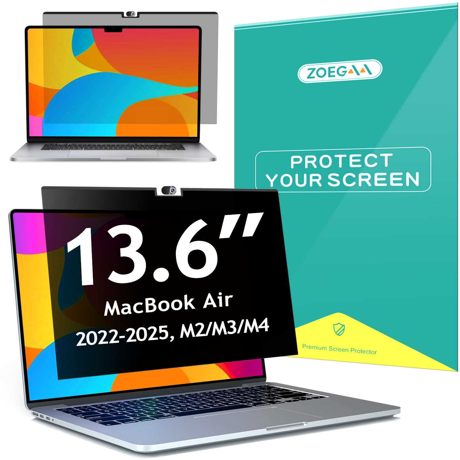 ZOEGAA Macbook Air 13.6 inch Privacy Screen(2022-2025,M4/M3/M2), Magnetic Removable & Anti Blue Light Macbook Air M2 Privacy Screen With Webcam Cover