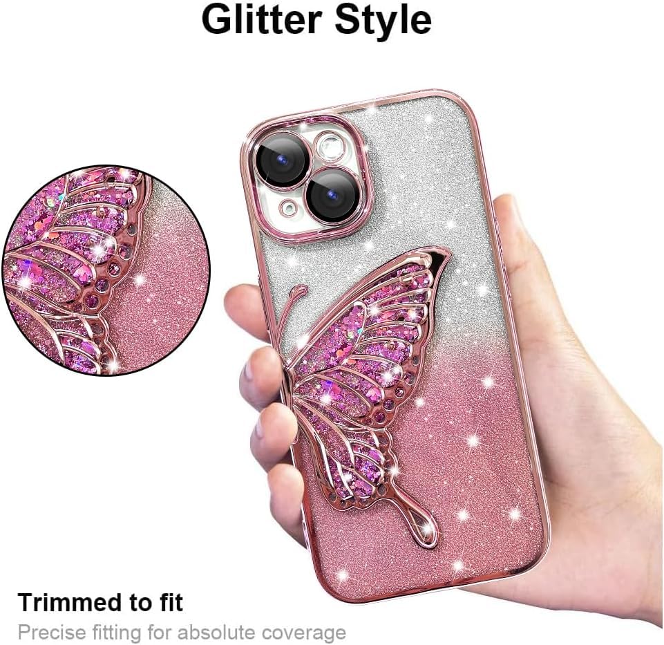 Image of SHINESTAR 3D Butterfly Case for iPhone 15 Cover, Cute Girly Glitter Bling Luxury Back Cover for Women Girls Protective Shockproof Slim Camera Protection for iPhone 15 - Pink
