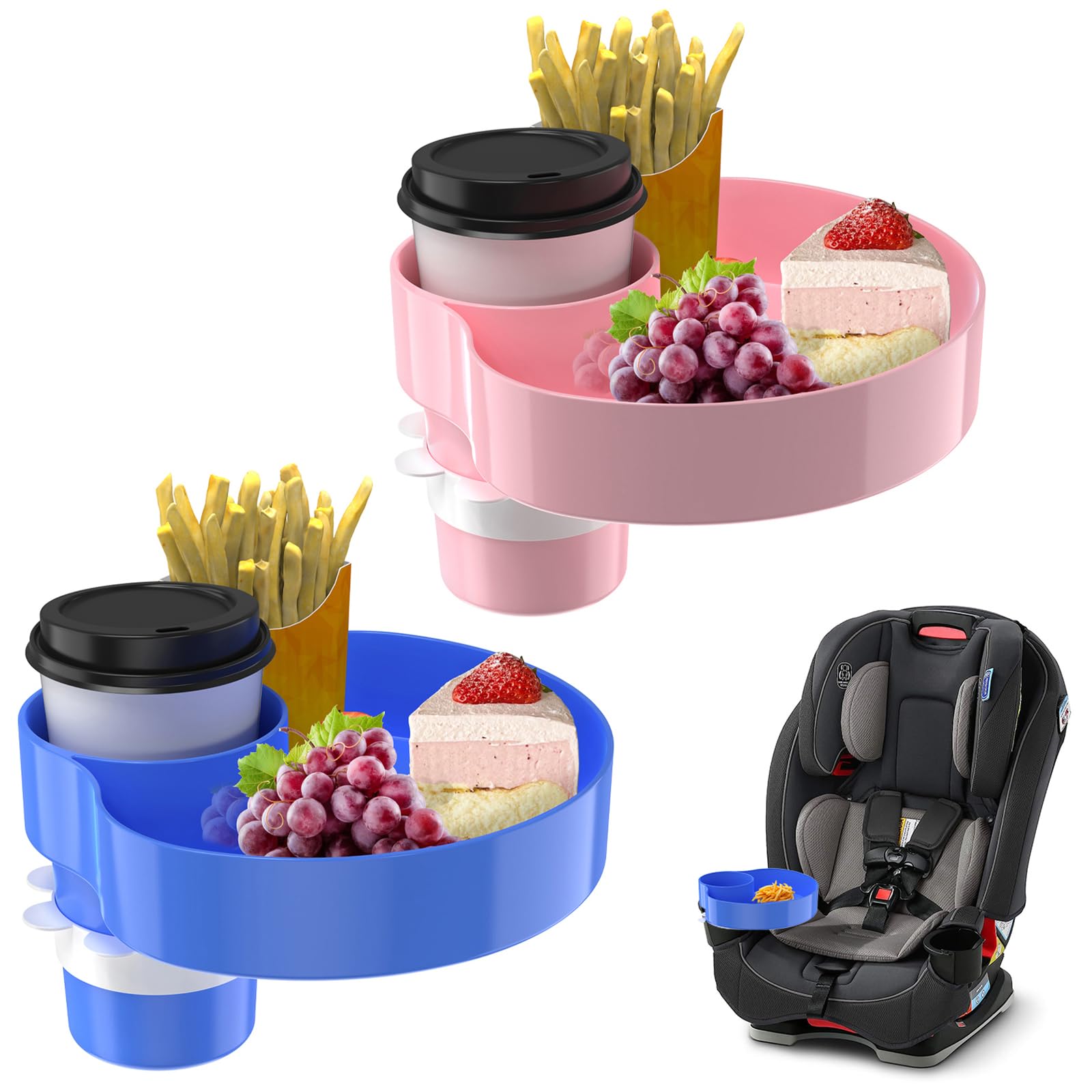 [2 Packs] Kids Car Seat Tray, Travel Tray with Cup Holder for Toddler, Kids Car Seat Food Snack Organizer for Road Trip, Stroller snack tray travel must haves - Blue+Pink