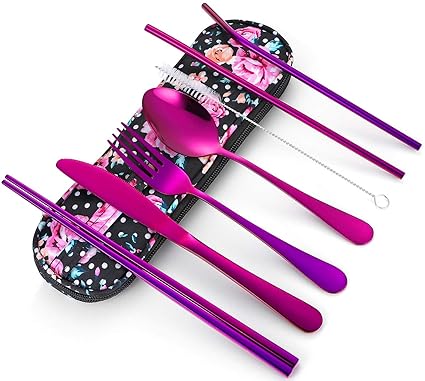 Travel Utensils,Reusable Silverware Set To Go Portable Cutlery Set with a Waterproof Carrying Case for Lunch Boxes Workplace Camping School Picnic (FlowerCase/Purple)