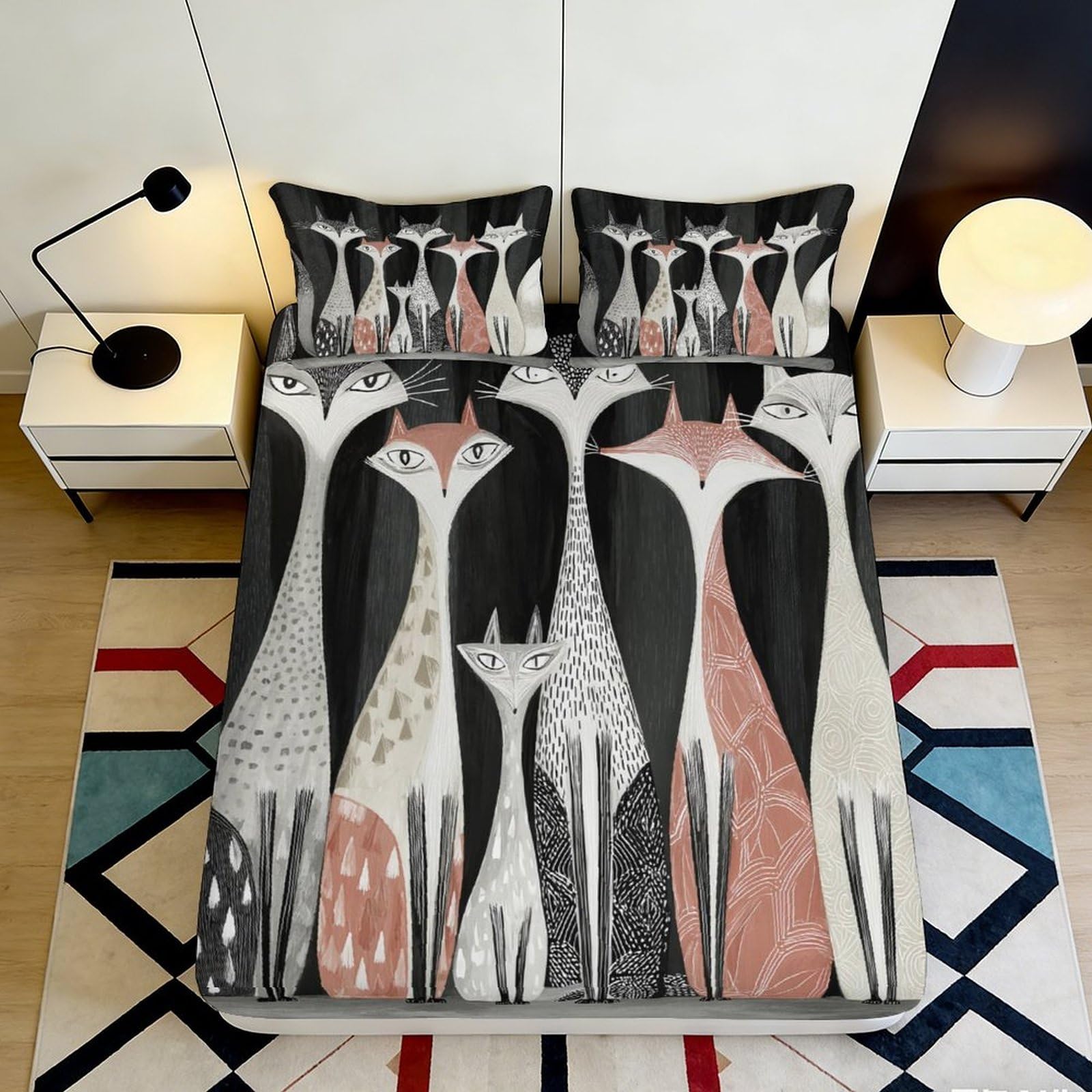 3D Printed Abstract Cat Art Fitted Sheet Microfiber Anti-Slip Mattress Cover for Bedroom Decor Machine Washable 200x200x25cm