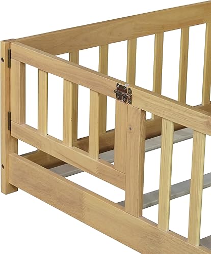 Miniatura 114 de Harper & Bright Designs Cama de suelo tamaño Queen con valla y puerta, marco de cama Montessori de madera para niños, niñas, listones incluidos, no