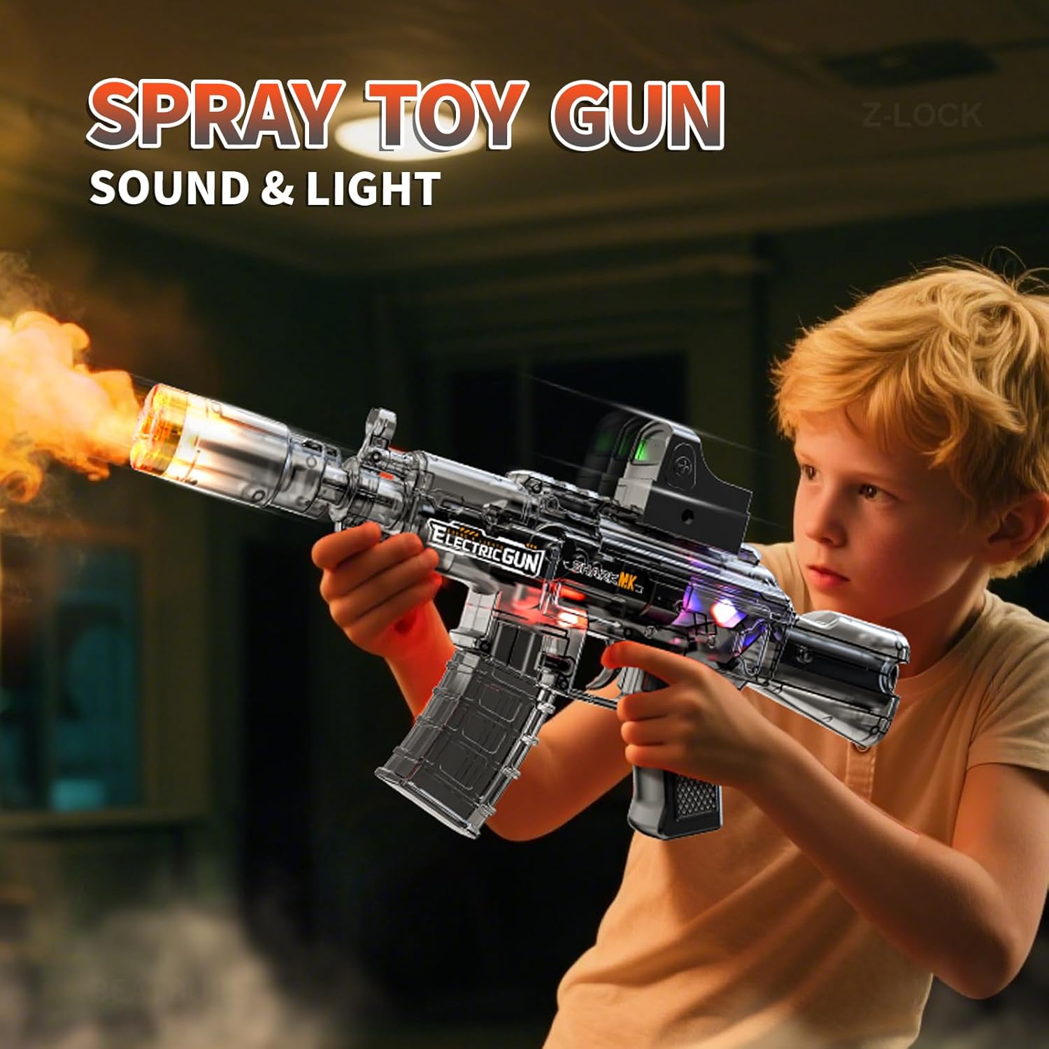 Spray Light and Sound Gun with Flash, Sound Effect, Spray Effect, Built-in Battery, Charging Cable, Scope, Magazine, Light and Sound Toy Gun, Very Suitable for Children Aged 3+ (Grey)