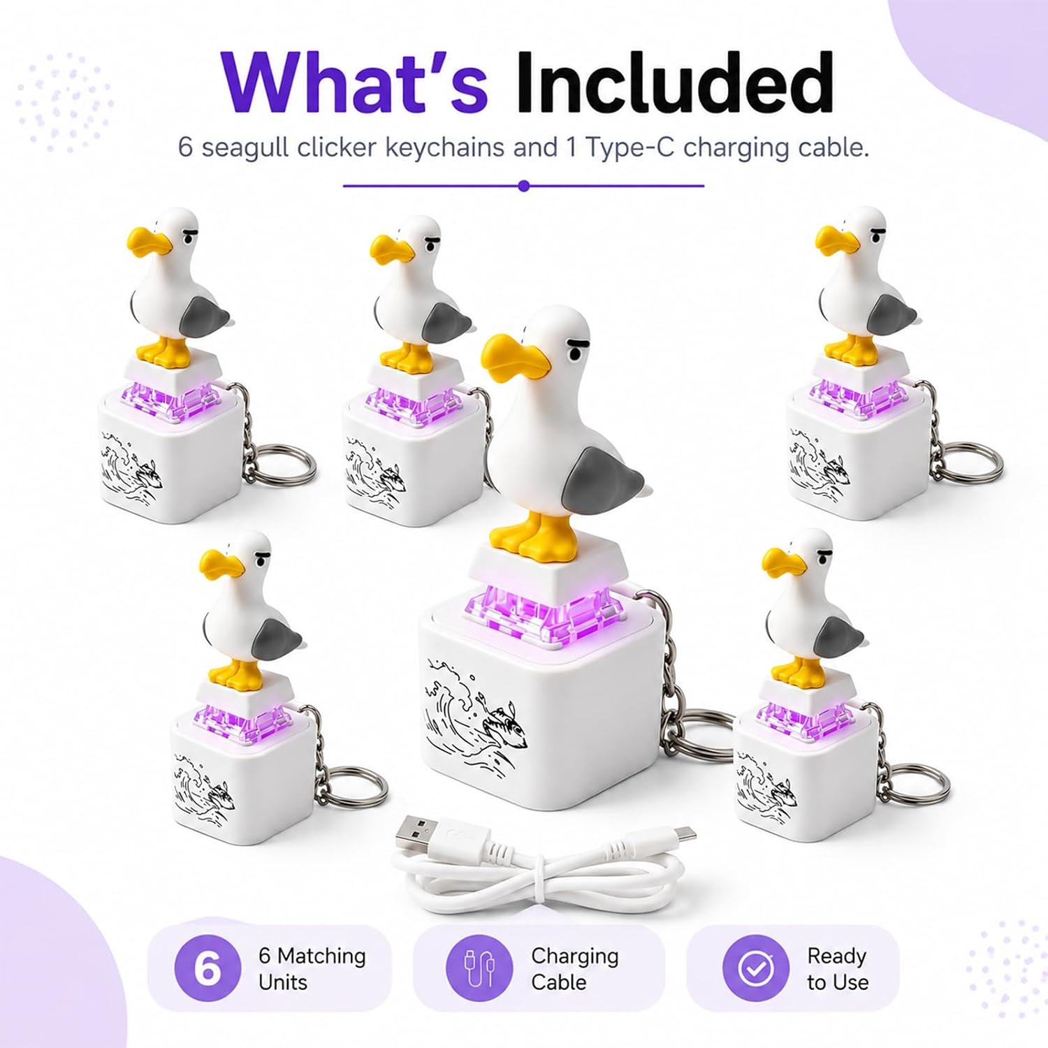 Seagull Mine Button Keychain Fidget Toy, Mechanical Clicker Rechargeable Keyboard Fidget, Realistic Sound & LED Light, Portable Desk Toy Stress Relief Keychain for Adults (6 Pack) thumbnail