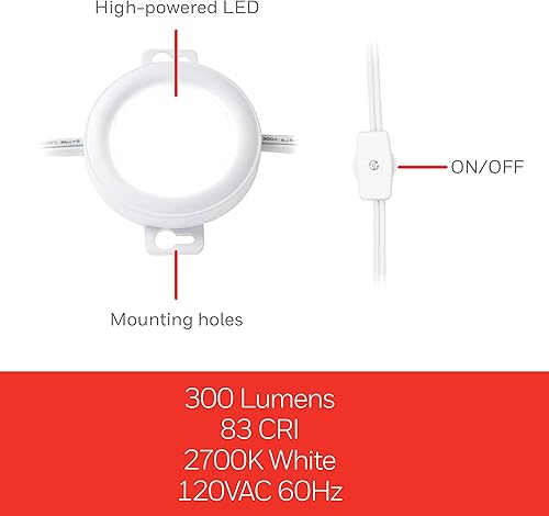 Miniatura 4 de UltraPro Luces LED de disco, 3 discos, iluminación debajo del gabinete, 2700 K blanco cálido, 385 lúmenes, cocina, mostrador, enchufe, cableado,