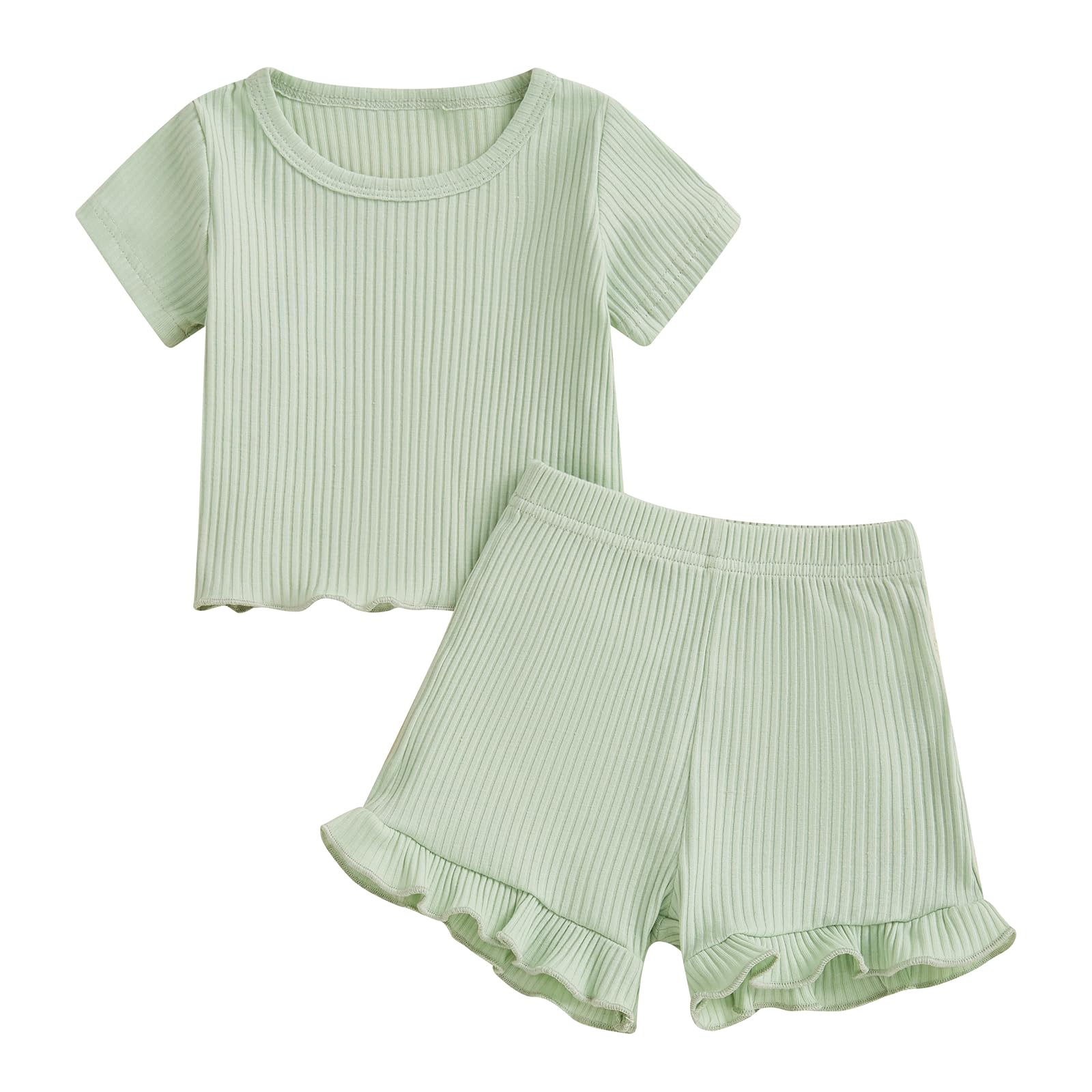 Newbgclo Baby Girl Summer Outfit Solid Color Short Sleeve Ribbed T-shirts Elastic Waist Shorts 2Pcs Toddler Clothes Set (Green, 2-3T)