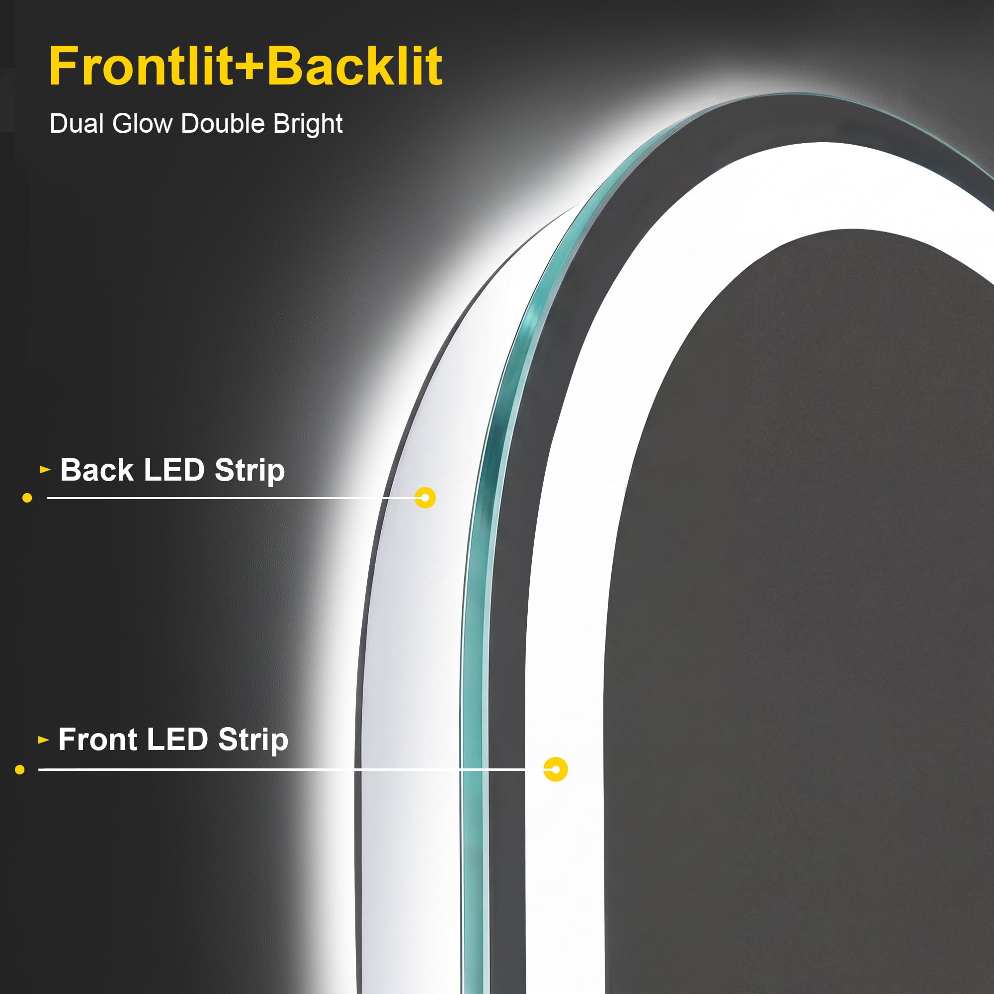 Specchio da bagno ad arco con luci LED, 71,1 x 91,4 cm, specchio da bagno illuminato | Anti-appannamento, dimmerabile in 3 colori, retroilluminato + frontale, vetro temperato infrangibile HD, funzione di memoria