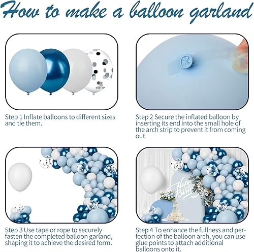 Miniatura 6 de Kit de arco de guirnalda de globos azules, 109 piezas de confeti azul macarrón y globos plateados blancos metálicos para baby shower, fiesta de