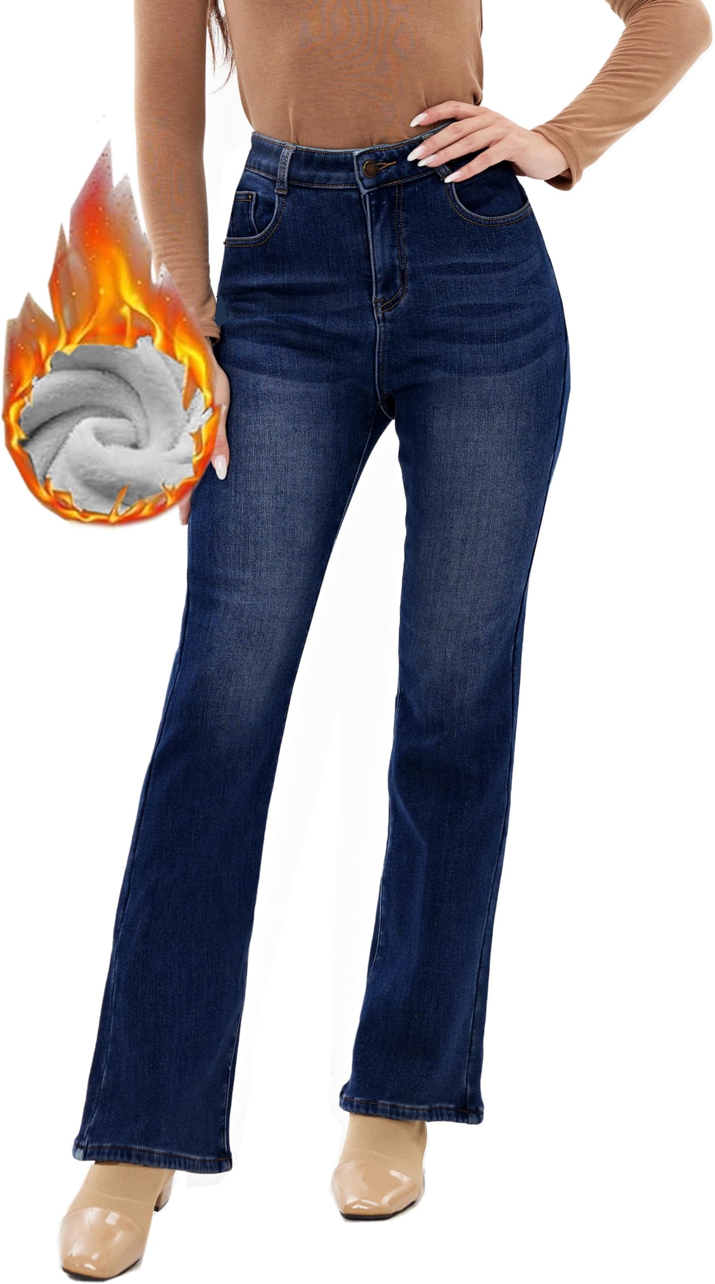 Women's Winter Fleece Lined Thermal Flare Bootcut Jeans High Waist Denim Pants