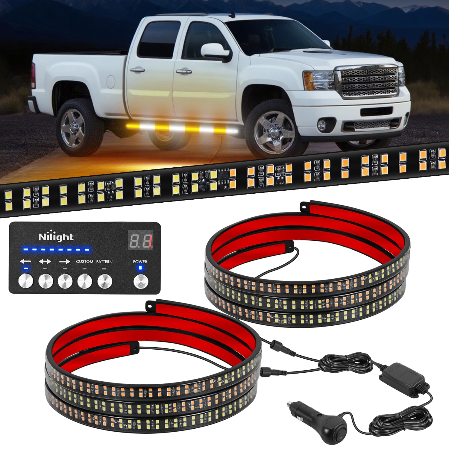 Nilight 2PCS 70" Running Board Lights Strip Amber White with Controller