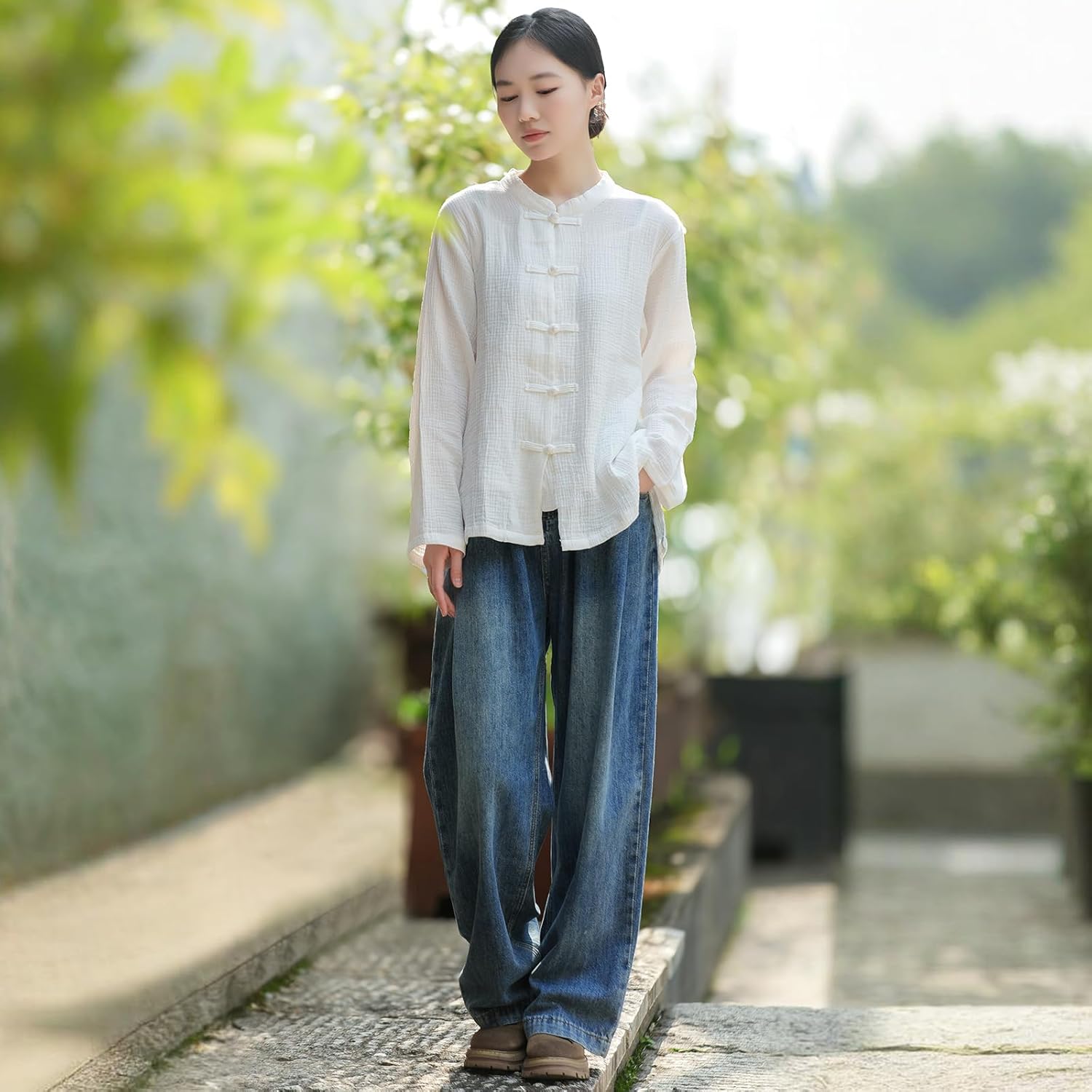 Traditional Chinese Style Cotton Mandarin Collar Jacket, Long Sleeve Button-Front Top - Image 5