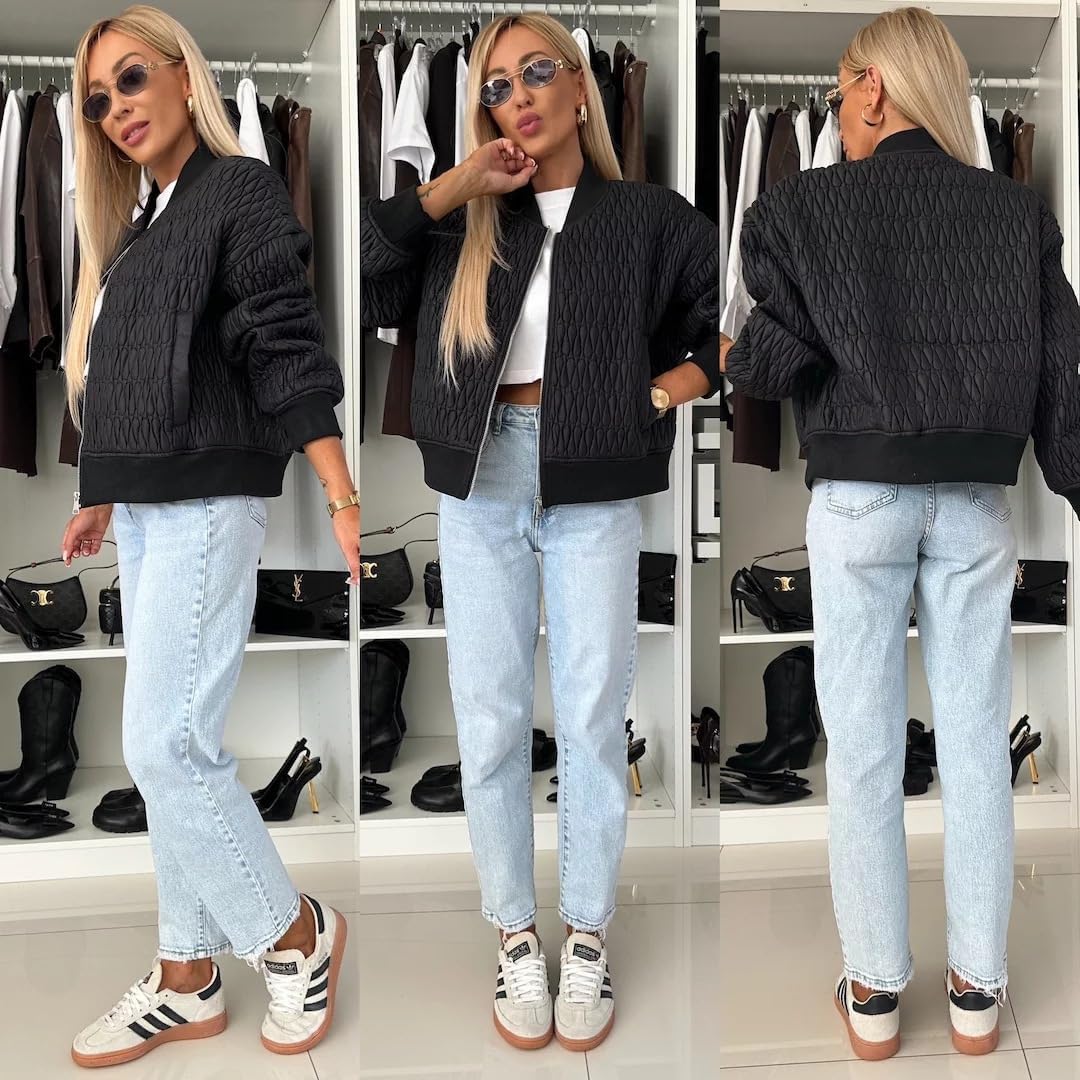 utcoco Women's Quilted Bomber Jacket Fall Winter Casual Zip Up Long Sleeve Cropped Outerwear with Pockets - Image 5