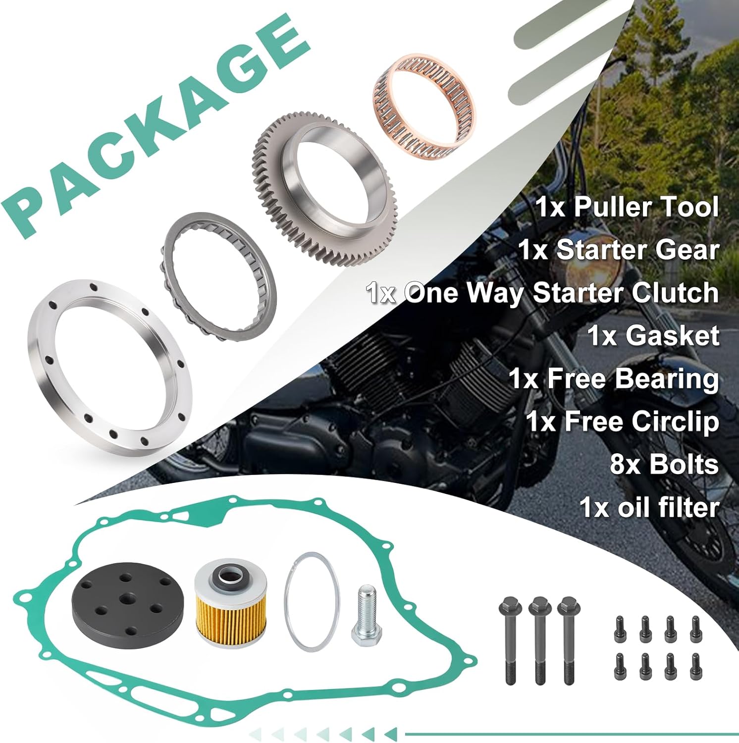 Puller Tool & One Way Starter Clutch Bearing Idler Gear kit for Yamaha XVS1100 V-Star 1100 1999-2009