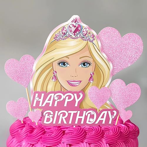 Vista 5 de Juego de 11 decoraciones para tartas de cumpleaños de niña con purpurina rosa, suministros y decoraciones para fiestas en forma de corazón