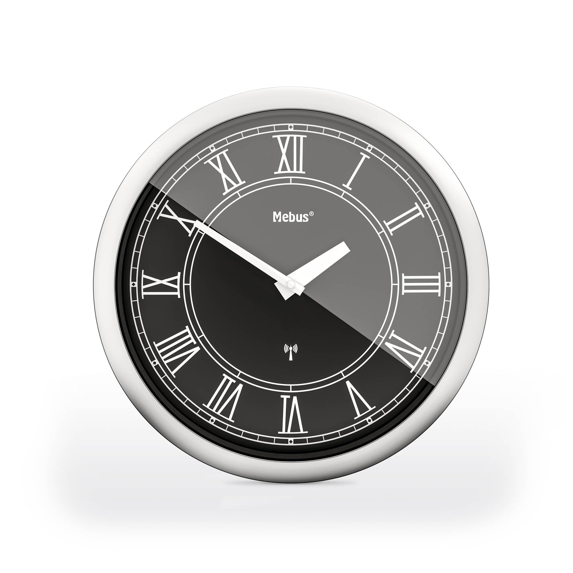 Mebus Orologio da parete senza fili, 26 cm, silenzioso, numeri romani, cornice argentata, quadrante nero, modello 19814, elegante e silenzioso