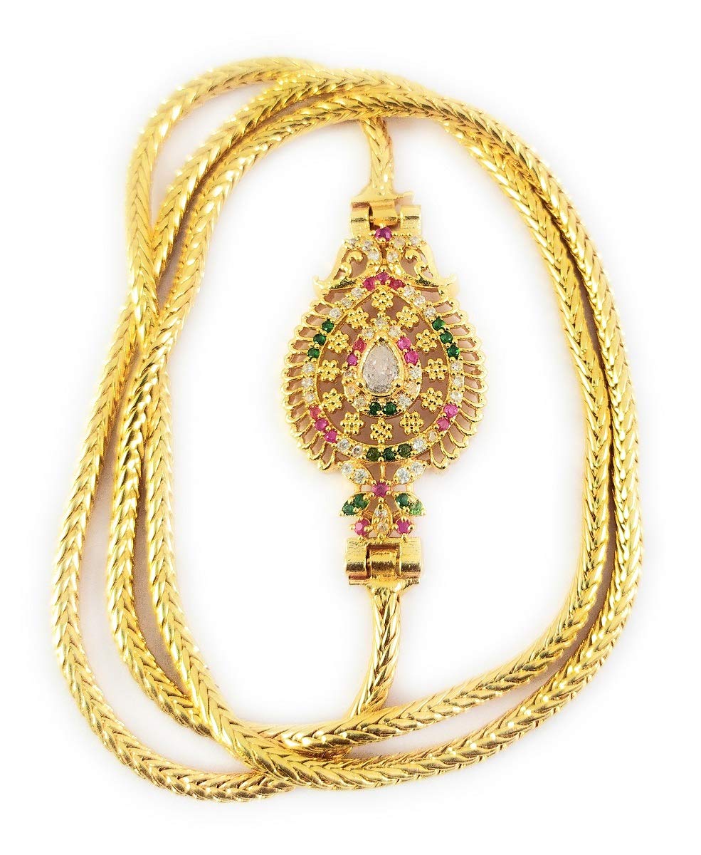 AFJ GOLD One Gram Micro Gold Plated Traditional Designer Ruby Emerald AD Mugappu Chain for Women and Girls OFT-MC1230